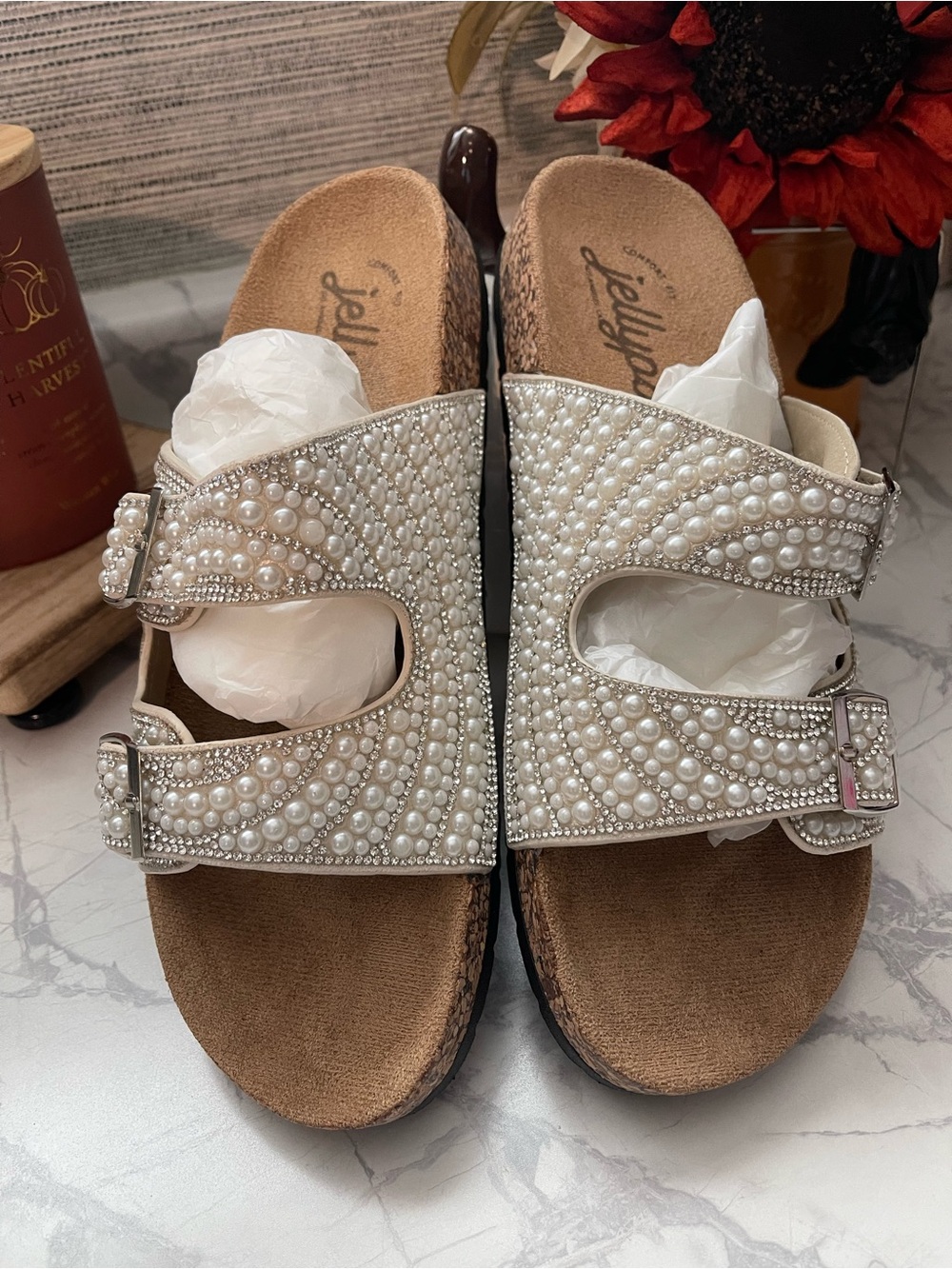 Jellypop White Pearl And Rhinestone Embellished Double Buckle Sandals NIB - Picture 5 of 9